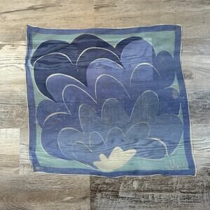 Handpainted Silk Scarf Blue Abstract Cloud Print Square Signed Una Vintage